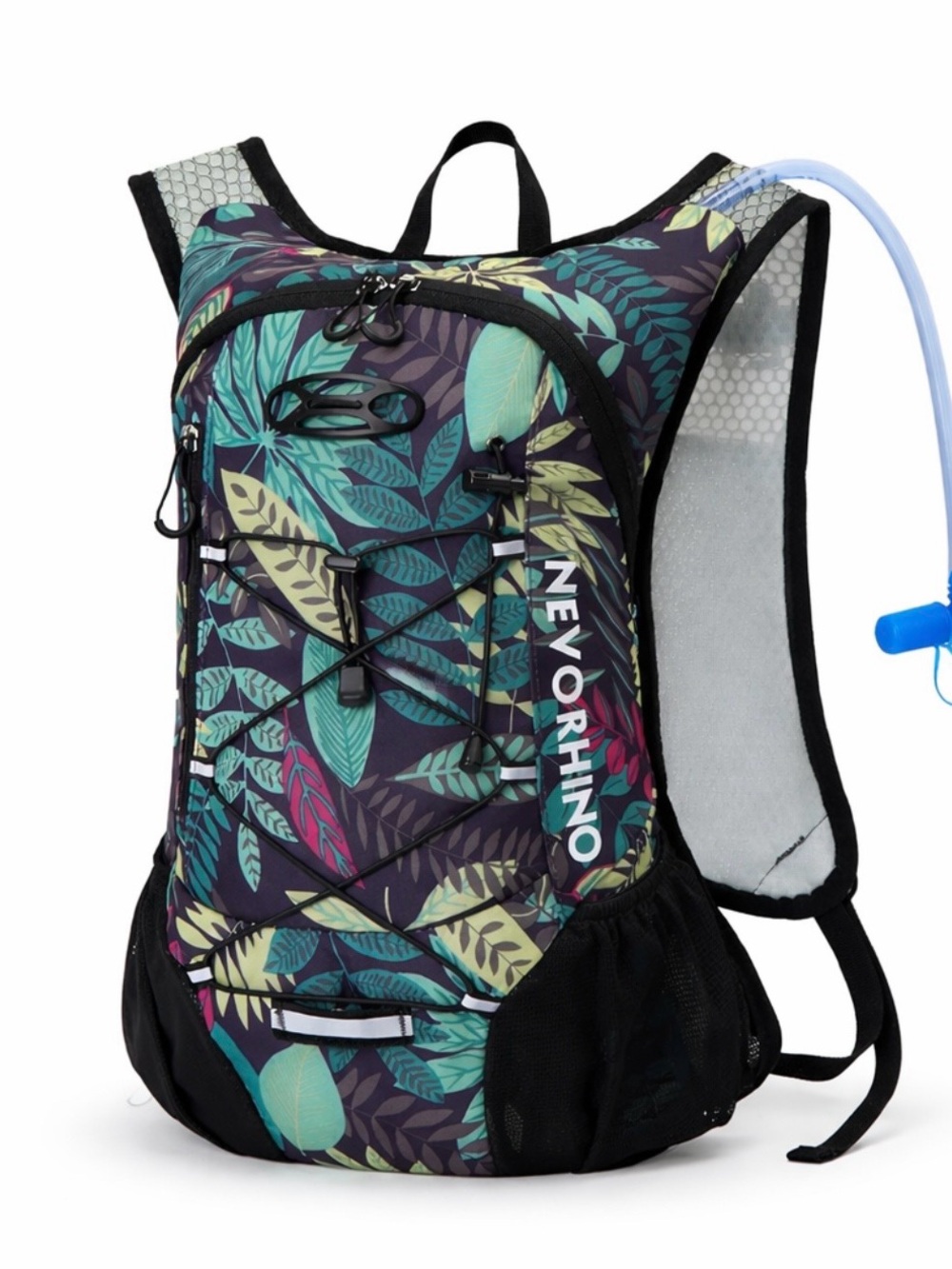 Nevorhino Leaf-Print Hydration Backpack in Teal & Purple